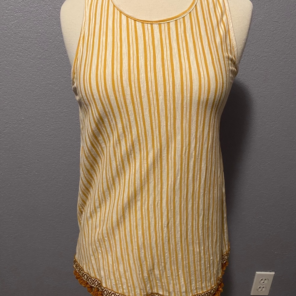 Tasseled, striped tank top (mustard): Size S